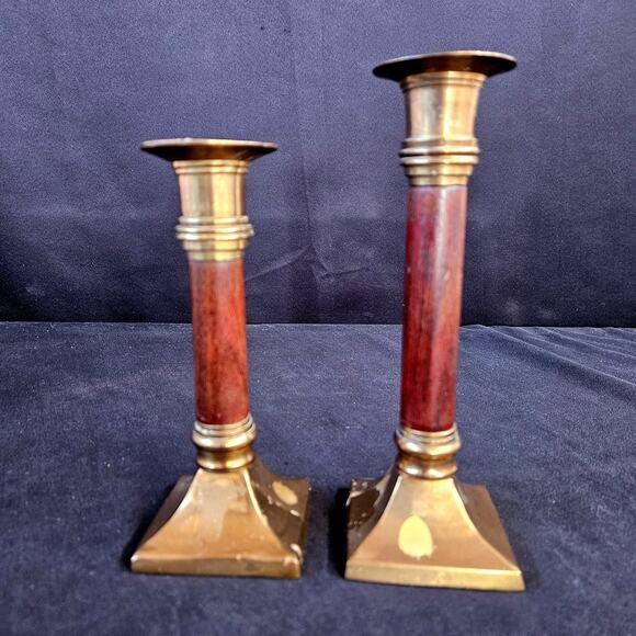Vintage Brass and Wood Candlestick Holders Set of 2 MCM - Picture 1 of 10